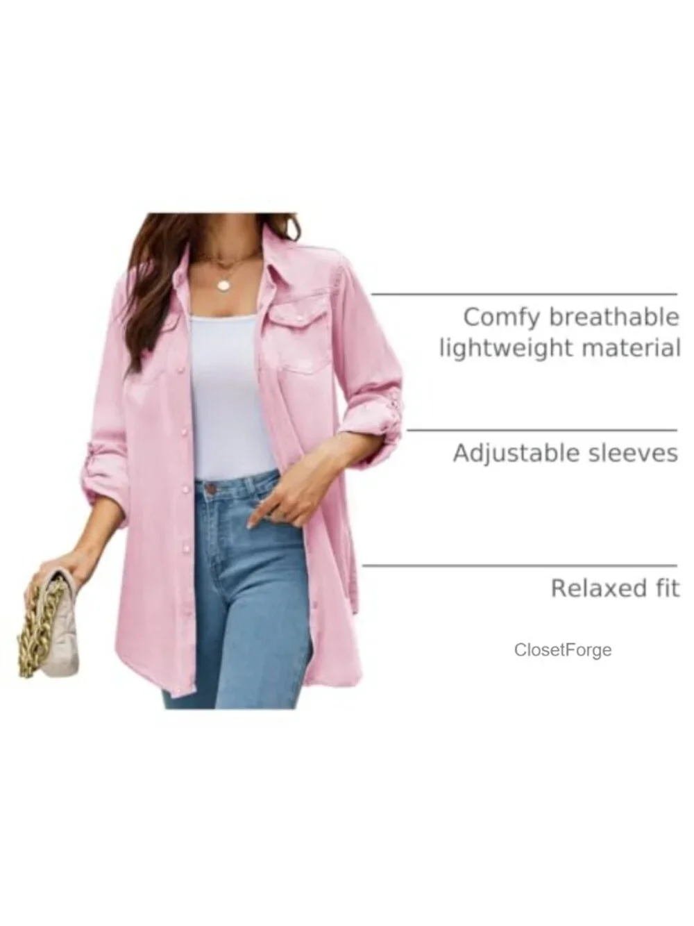 Womens Button Down Denim Shirt Long Sleeve Roll Up Boyfriend Jean Jacket Shacket
